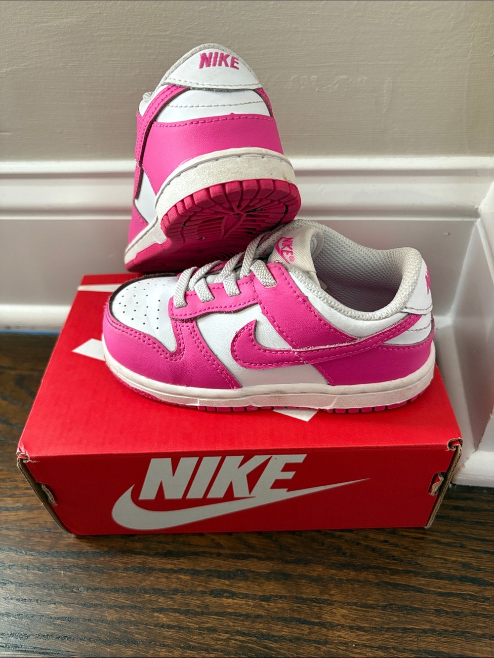 8C Nike Dunk Low Toddler White and Hot Pink Sneakers